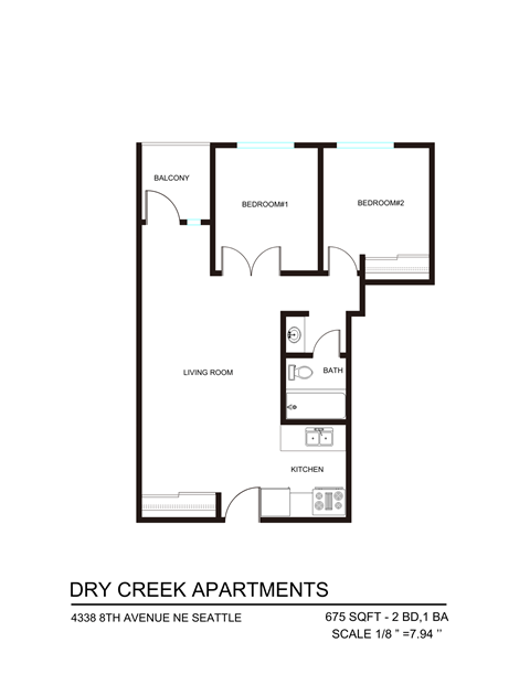 Floor plan for 2 beds, 1 bath, 675 sqft